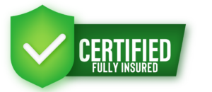 Green shield with a white checkmark and the text CERTIFIED FULLY INSURED on a green background, symbolizing trust and reliability. Ideal for showcasing credibility whether you’re searching for remodeling near me or a top rated roofing company.