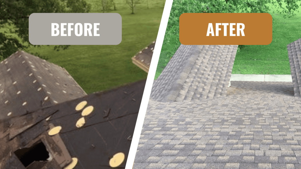 Side-by-side comparison of a roof before and after renovations by a top rated roofing company. The left shows incomplete shingling, while the right displays a fully shingled, finished roof.