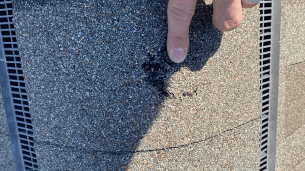 A finger points at a small dark spot on a shingled roof section, highlighting the meticulous attention to detail youd expect from a top-rated roofing company.