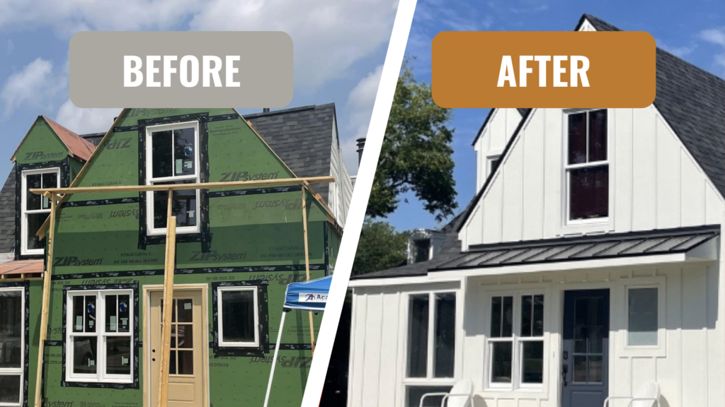 Side-by-side comparison of a house during renovations. The before shows exposed building materials, and the after, thanks to expert remodeling near me, reveals a finished exterior with white siding and black trim.