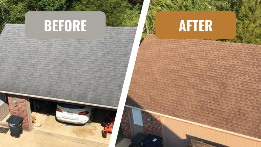 Side-by-side comparison of a roof: left side shows a gray roof labeled Before, right side shows a brown roof labeled After. Discover top-notch remodeling near me to transform your home effortlessly.