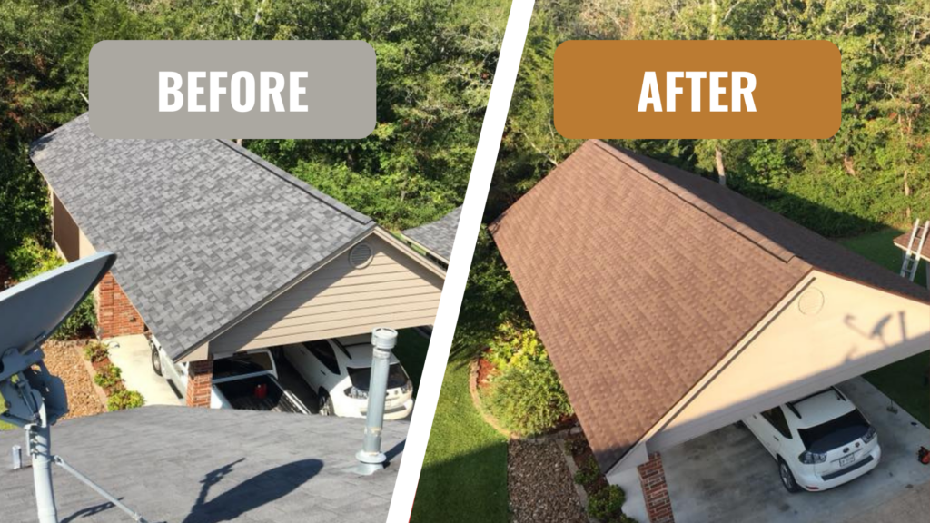 Side-by-side comparison of a garage roof before and after repair by a top-rated roofing company. The Before roof is gray, and the After roof is brown. Both images also capture parked cars under the carport.