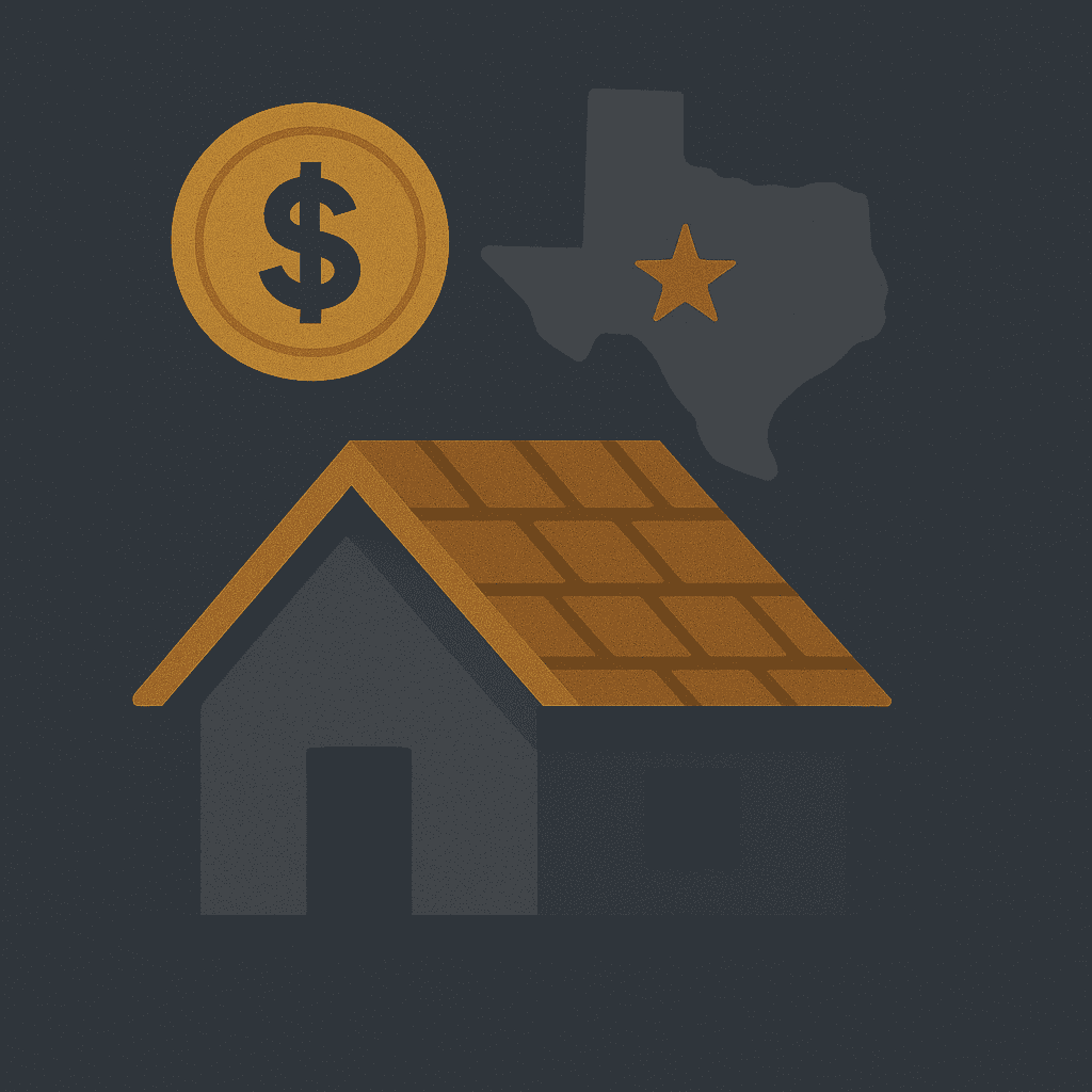 Central Texas house roof, with money, and state of Texas signifying the cost of roof replacement in Central Texas.