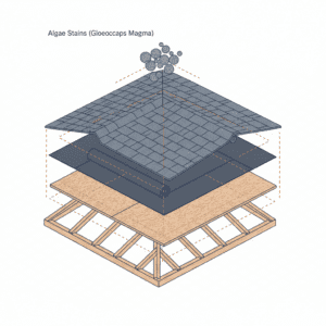 Dark Gloeocapsa magma algae stains on a shingled roof.