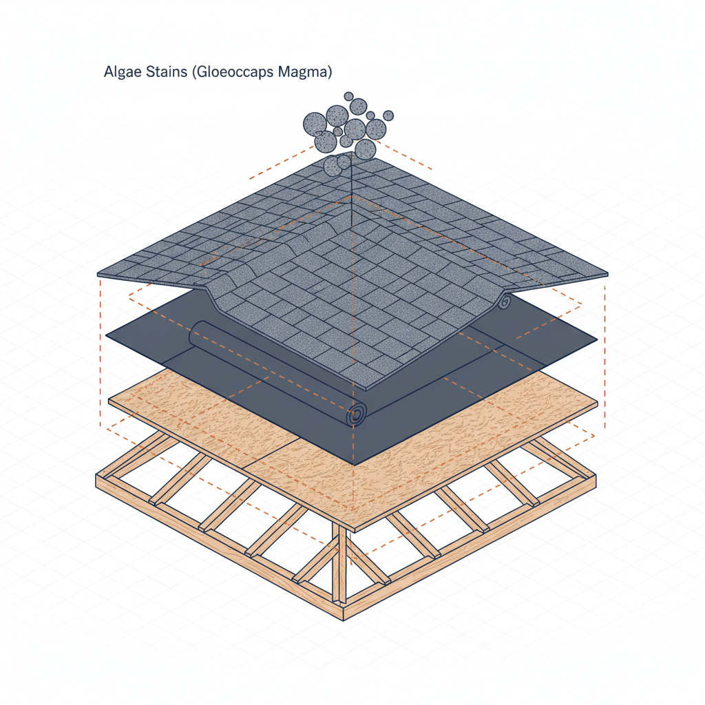 Dark Gloeocapsa magma algae stains on a shingled roof.