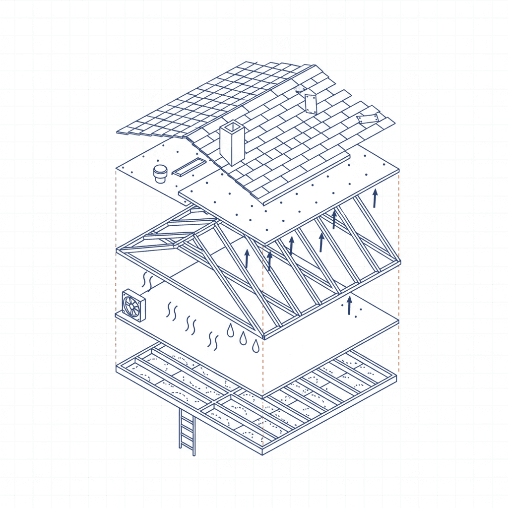 Attic condensation indicating a failing roof system
