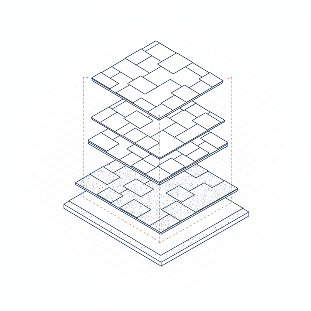 Laminated shingle cross-section illustrating multi-layer construction for failure prevention.