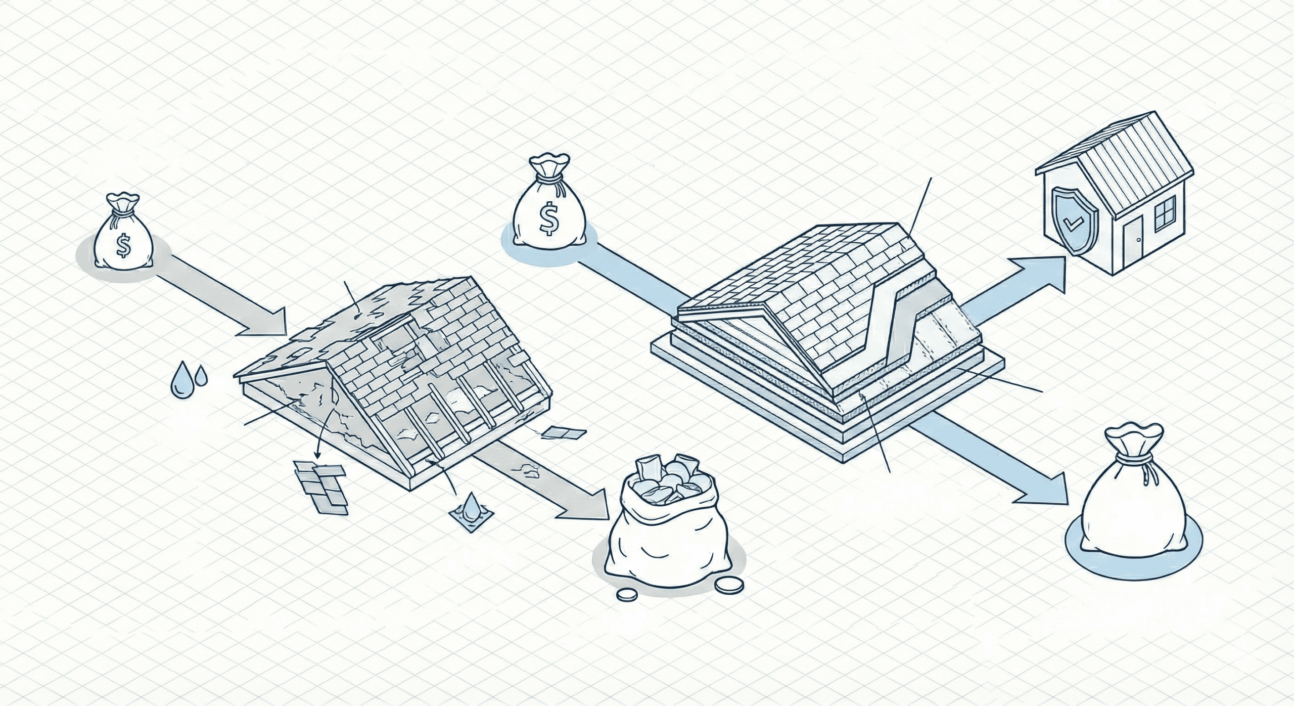 Damaged roof revealing the true cost of a cheap bid.