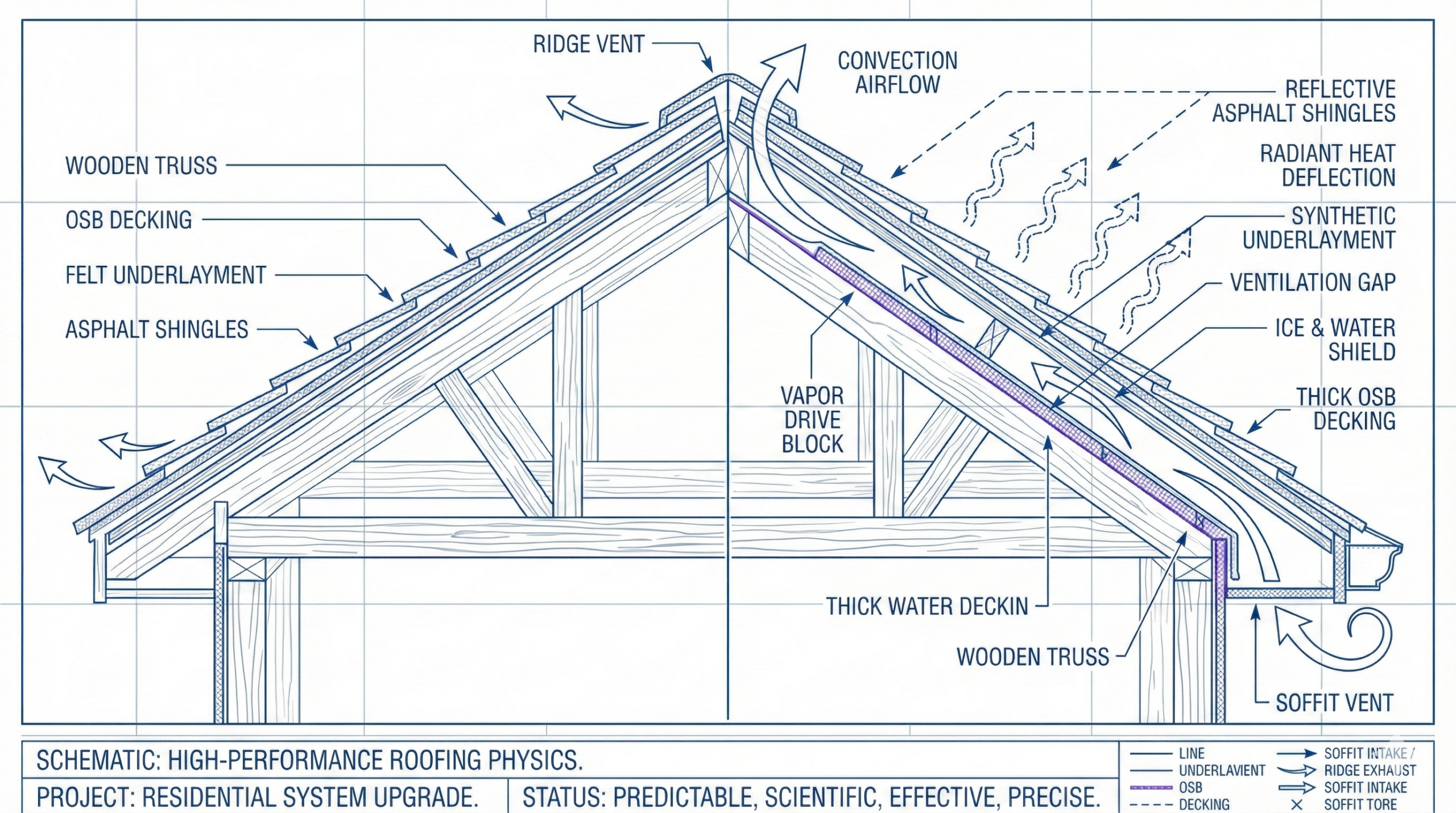 High-performance roofing system cross-section showing thermodynamics, specifically convection airflow venting and radiant heat deflection layers.