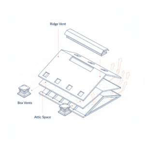 Diagram comparing ridge vent and box vent airflow