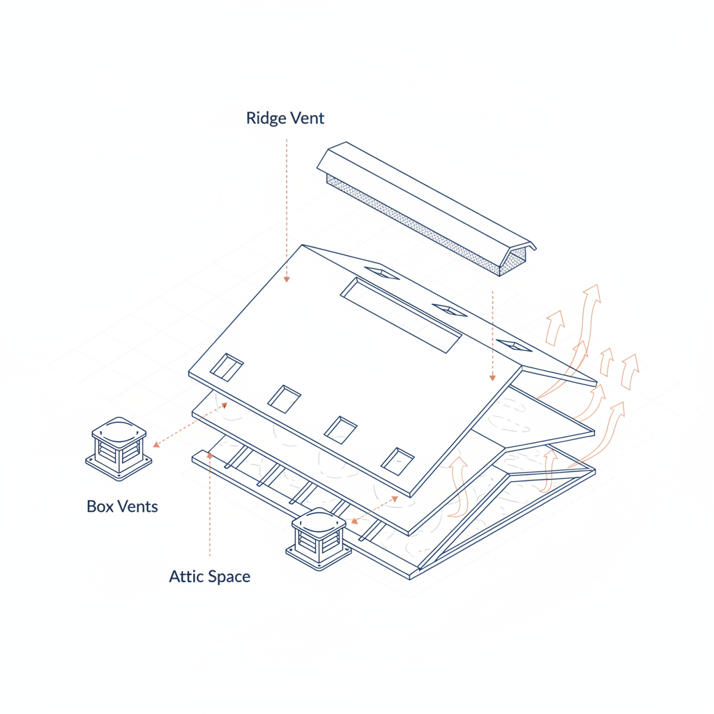 Diagram comparing ridge vent and box vent airflow