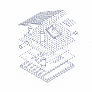 Residential roof showing vent pipes, a chimney stack, and a skylight