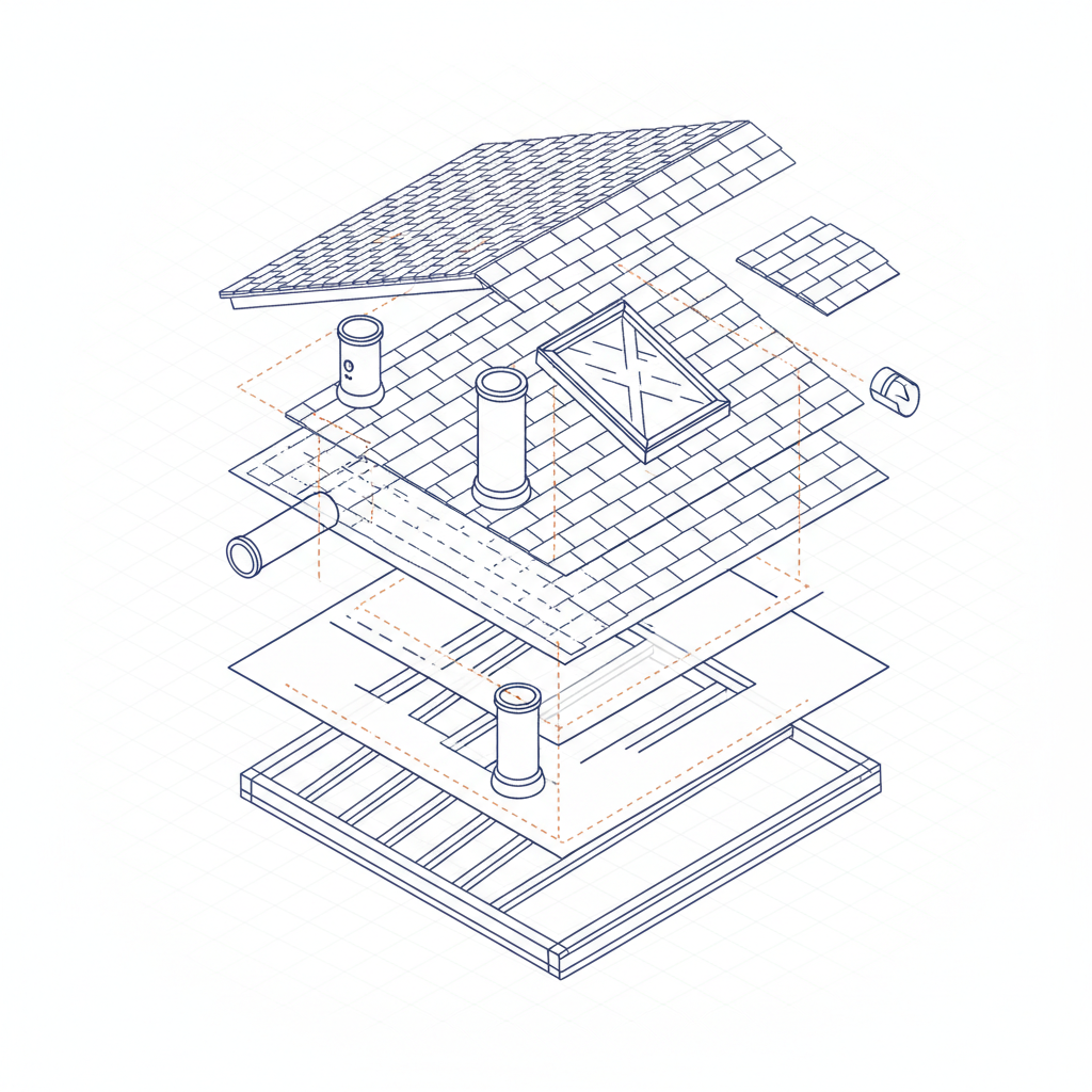 Residential roof showing vent pipes, a chimney stack, and a skylight