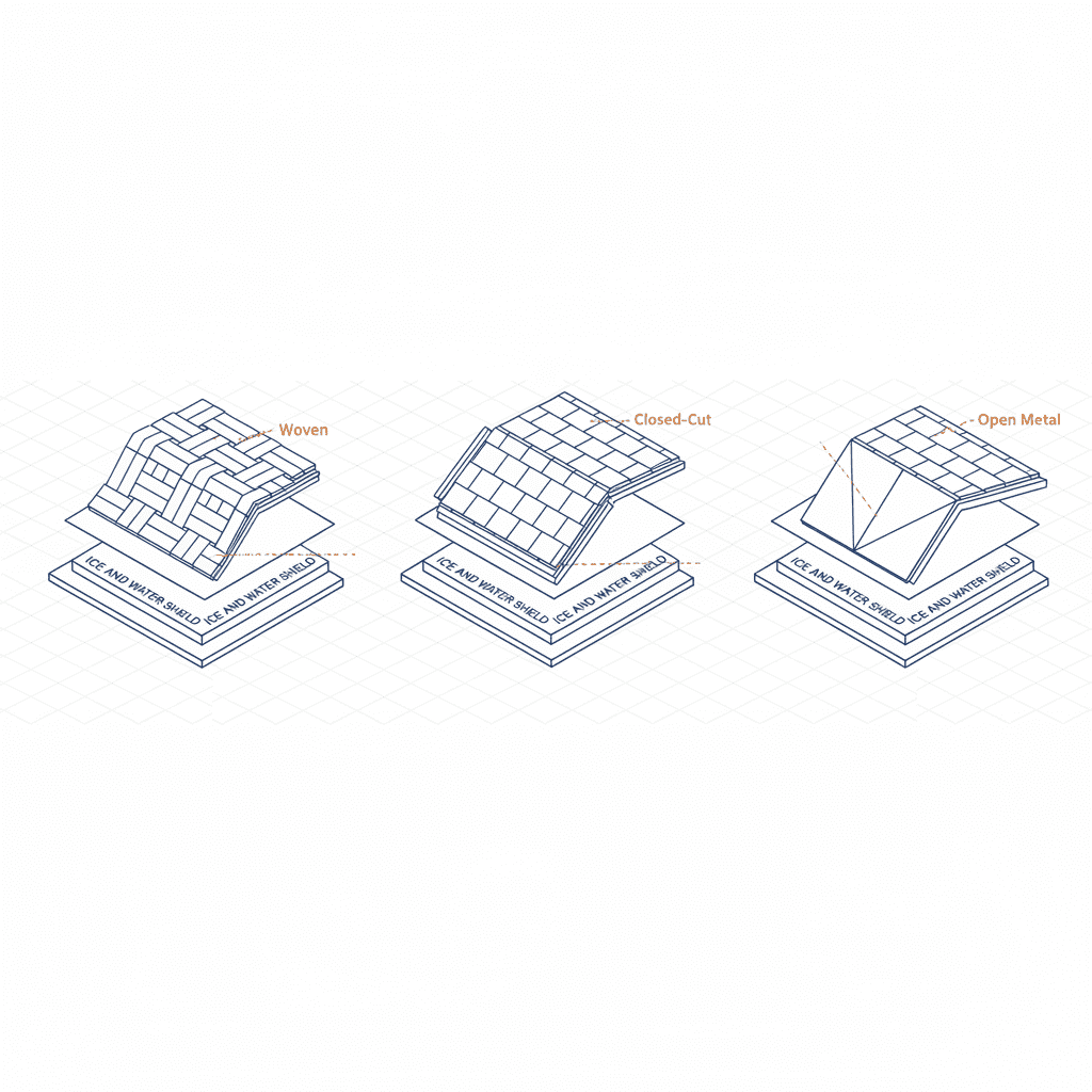 This image illustrates the distinct methods for installing roof valleys, detailing the correct protocols for woven, closed-cut, and open metal techniques to ensure proper water shedding and roof integrity.
