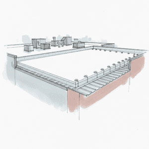 Cutaway of commercial roof showing adhered TPO vs. mechanically fastened TPO with plates and screws.