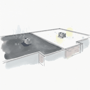 Aerial view of dark EPDM roof vs. bright TPO cool roof with HVAC units, illustrating energy savings.