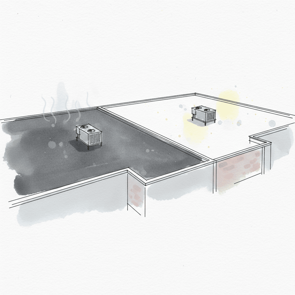 Aerial view of dark EPDM roof vs. bright TPO cool roof with HVAC units, illustrating energy savings.
