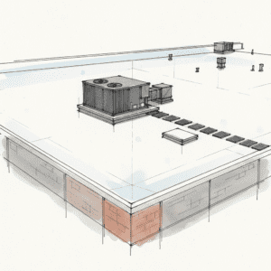 Commercial low-slope TPO roof with gray walkway pads installed, protecting membrane from foot traffic near HVAC.
