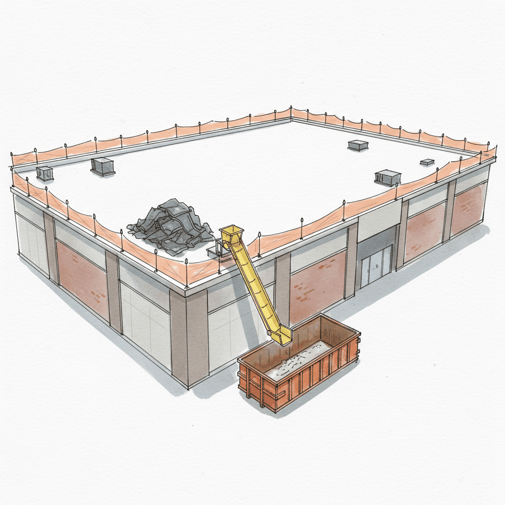 Commercial flat roof re-roofing site with EPDM debris, safety netting, and debris chute to dumpster.
