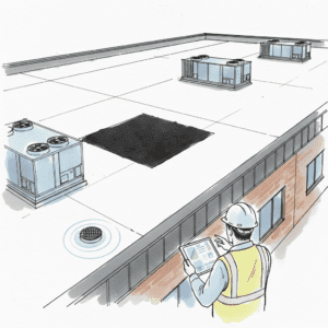 Commercial rooftop with TPO, metal coping, HVAC, and drain. Manager reviews digital roof asset data.