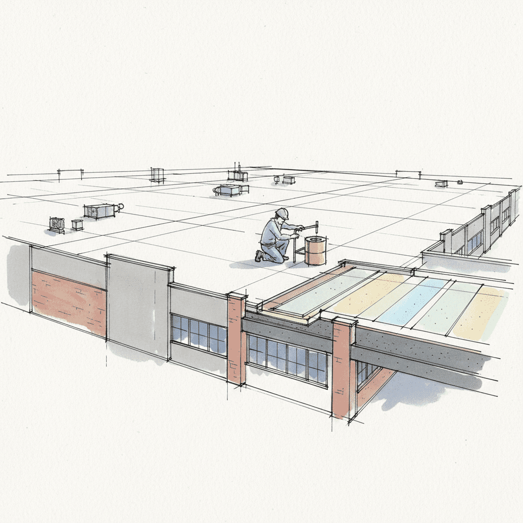 Roofer performs core sampling on a TPO commercial roof, extracting layers for assembly analysis.