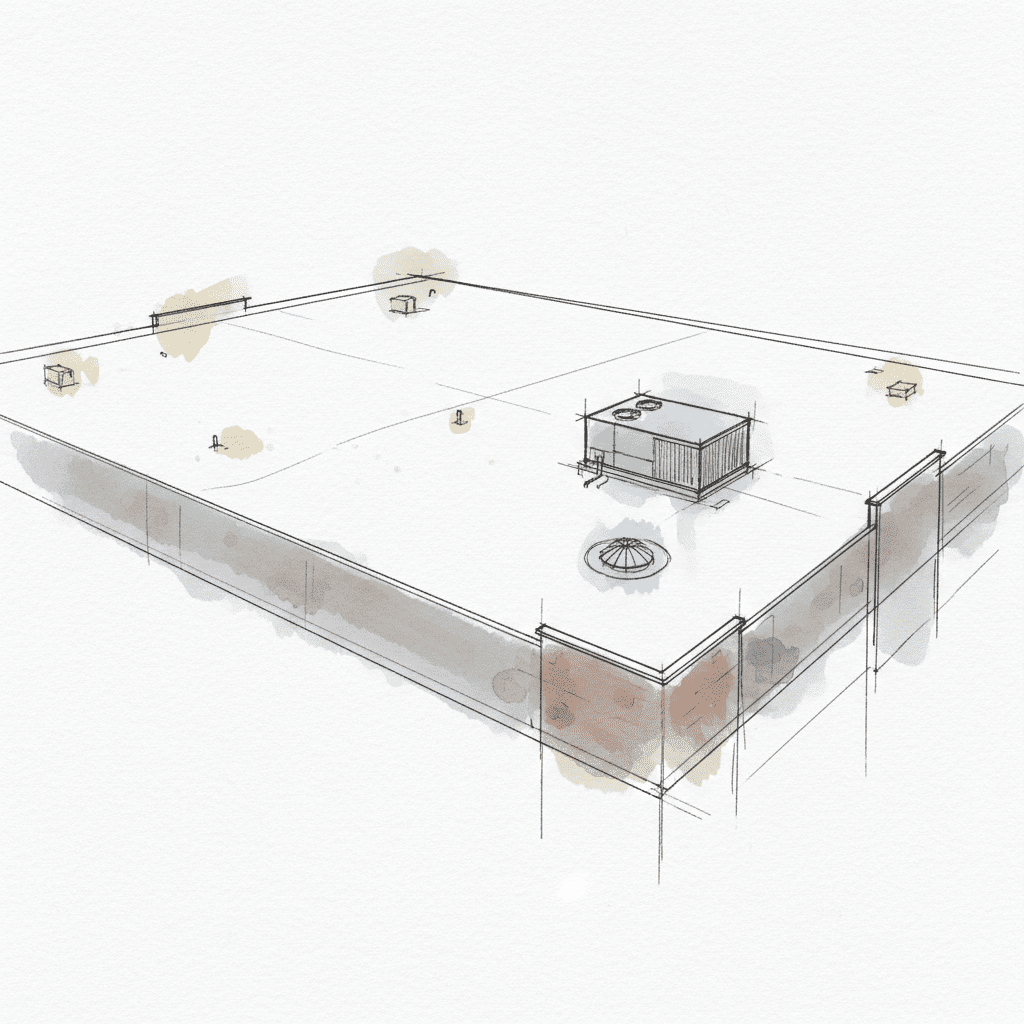 Clean white TPO commercial roof with HVAC unit and roof drain, representing a depreciable asset.