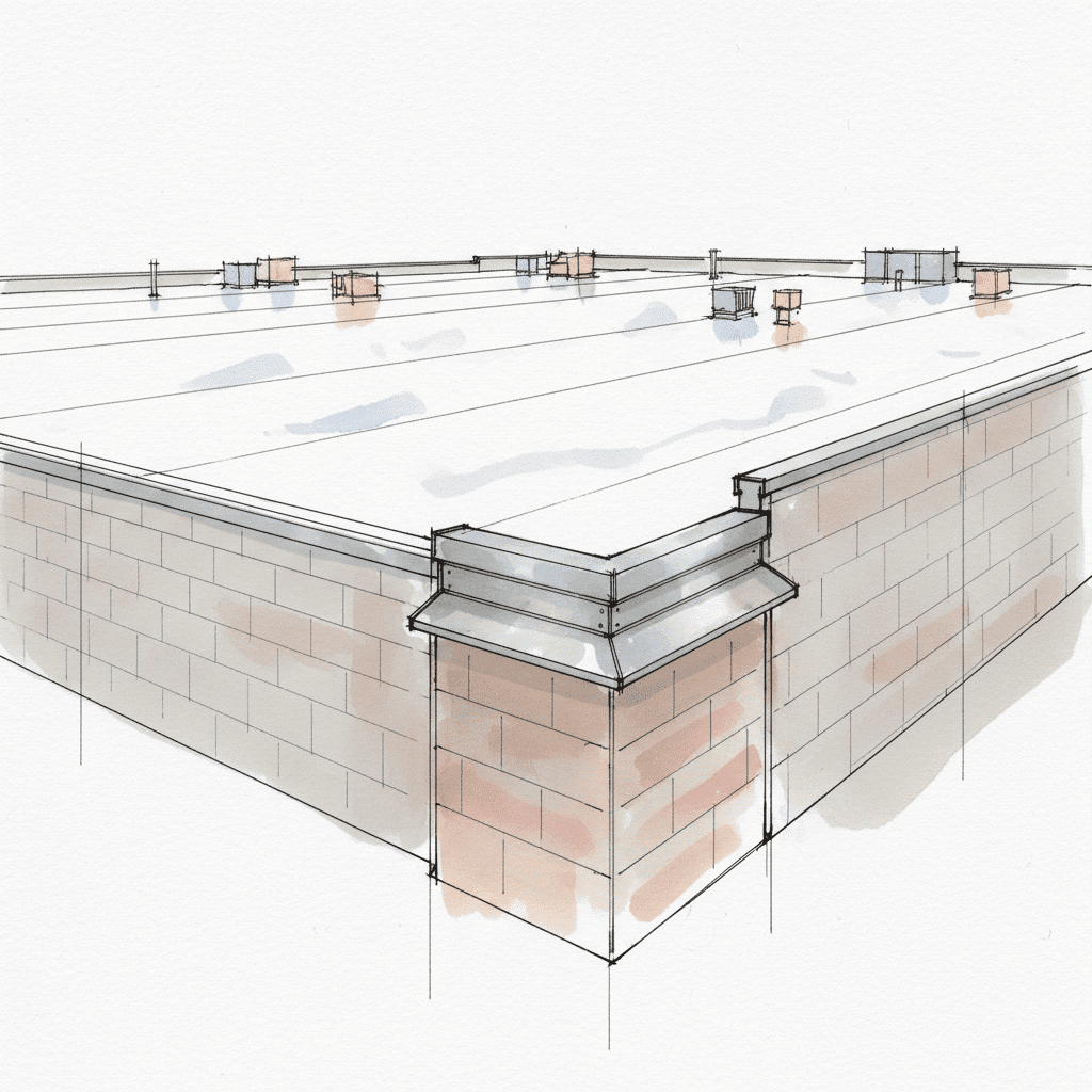 Cross-section of commercial TPO roof with securely fastened edge metal and coping for wind uplift prevention.