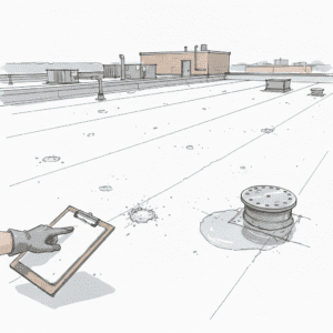 Close-up of hail damage on a commercial TPO roof with a gloved hand pointing to membrane indentations and a damaged drain.