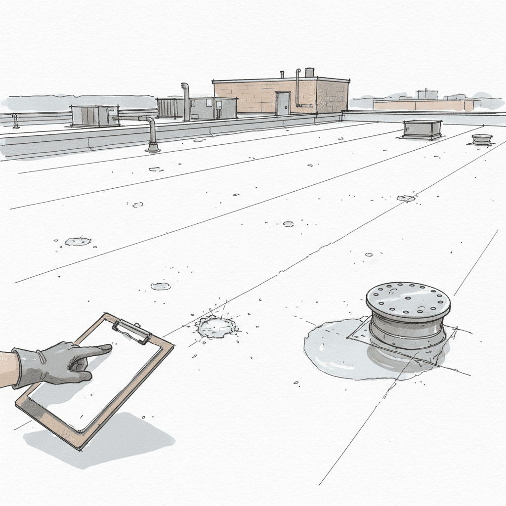 Close-up of hail damage on a commercial TPO roof with a gloved hand pointing to membrane indentations and a damaged drain.