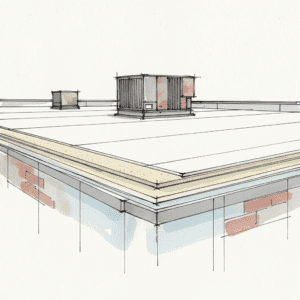 Cutaway of commercial roof showing robust high-performance cover board under TPO membrane near HVAC unit.