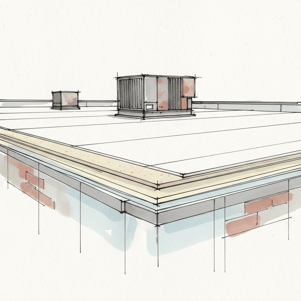 Cutaway of commercial roof showing robust high-performance cover board under TPO membrane near HVAC unit.