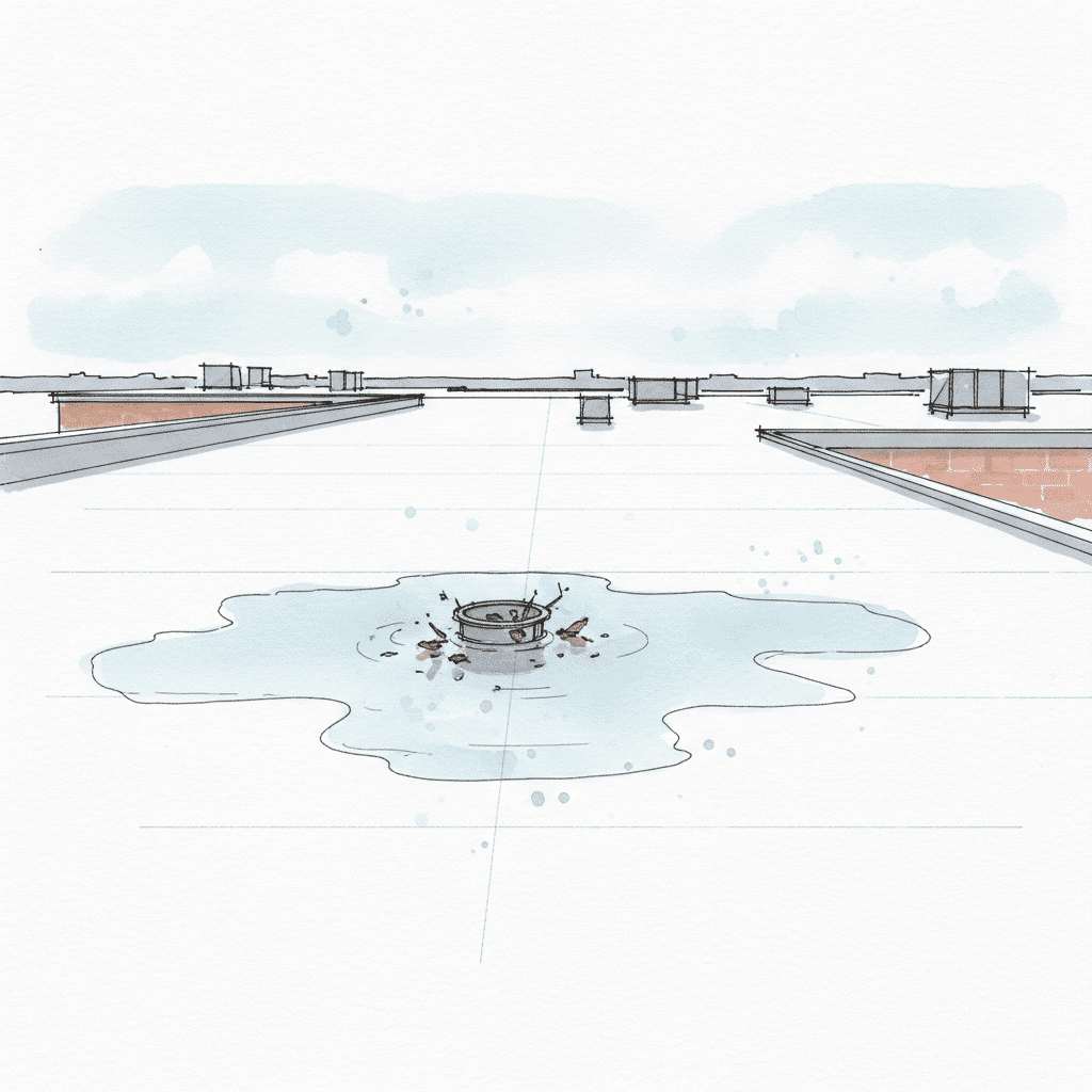 Commercial TPO roof with significant ponding water around a partially clogged roof drain.