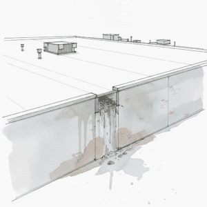 Clogged commercial TPO roof scupper overflowing, causing water damage on building exterior wall.