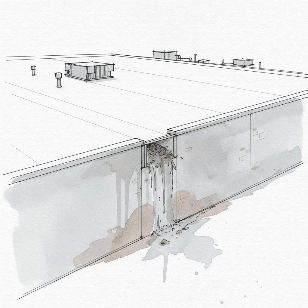 Clogged commercial TPO roof scupper overflowing, causing water damage on building exterior wall.