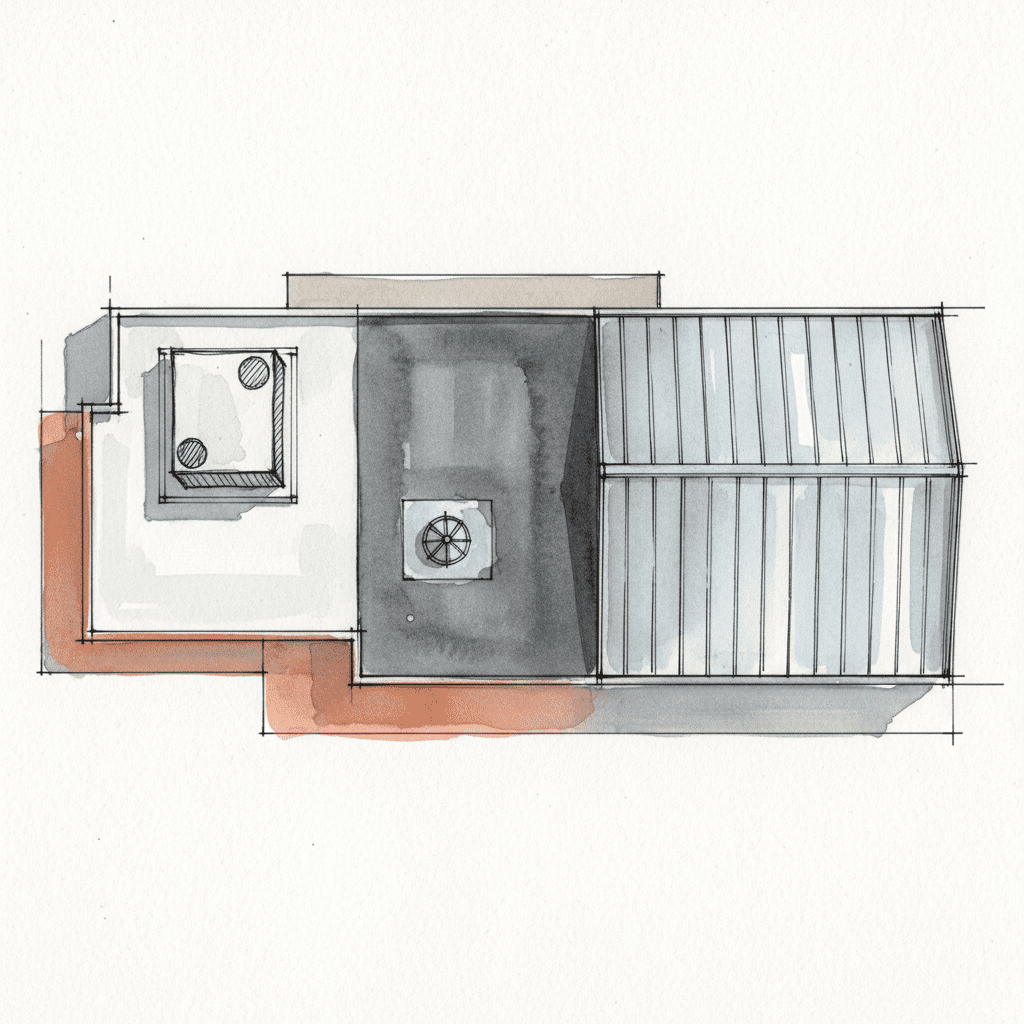 Aerial view of a commercial rooftop showing TPO, EPDM, and metal roofing, with an HVAC unit and roof drain.