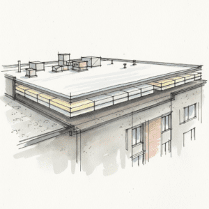 Close-up cutaway of a commercial TPO roof system showing white membrane, insulation, and a dark vapor barrier on the deck.
