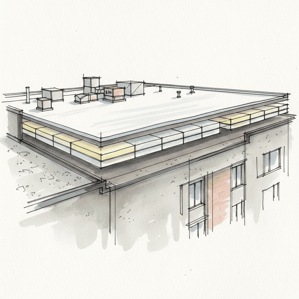 Close-up cutaway of a commercial TPO roof system showing white membrane, insulation, and a dark vapor barrier on the deck.