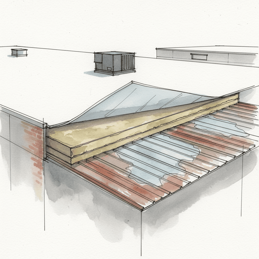 Cross-section of a commercial TPO roof showing saturated insulation, corroded metal deck, and nearby HVAC unit.