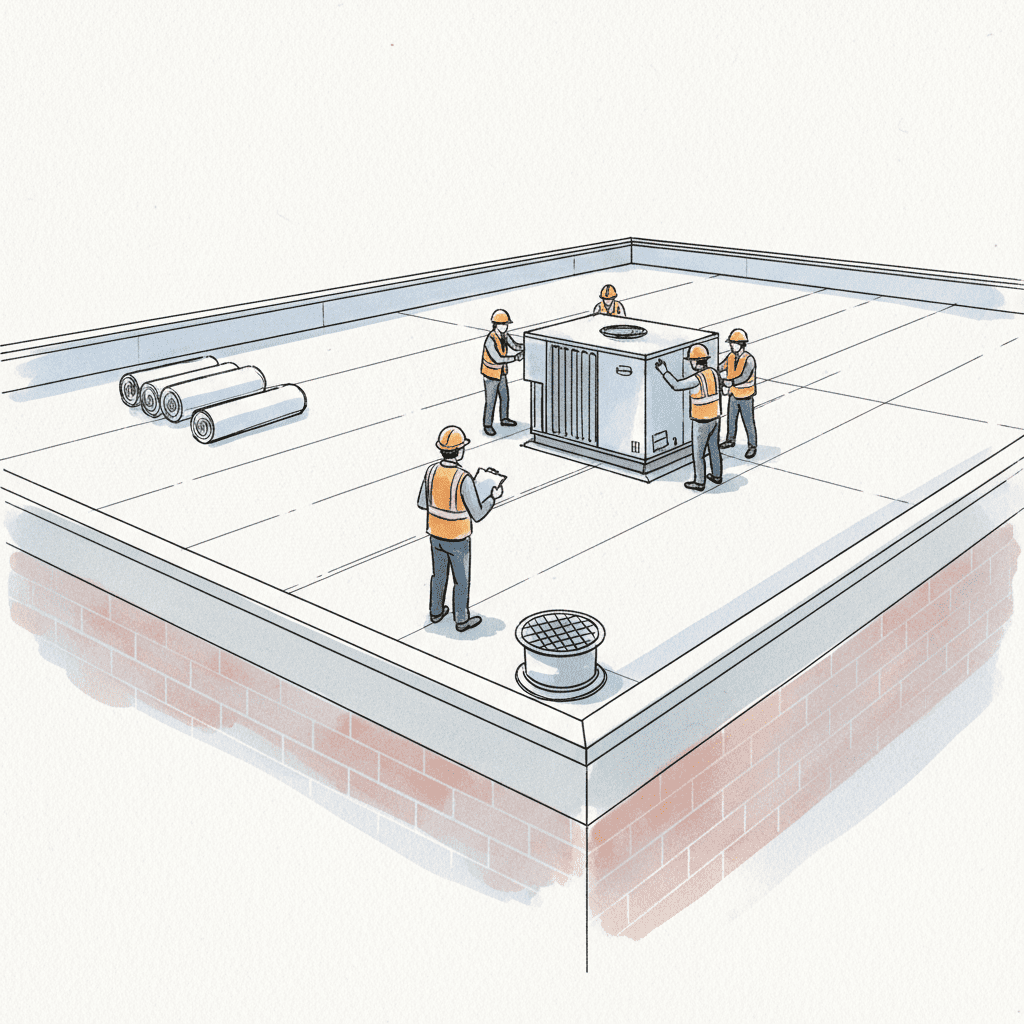 Supervisor oversees crew installing TPO roof and HVAC unit, highlighting commercial roofing contractor insurance needs.