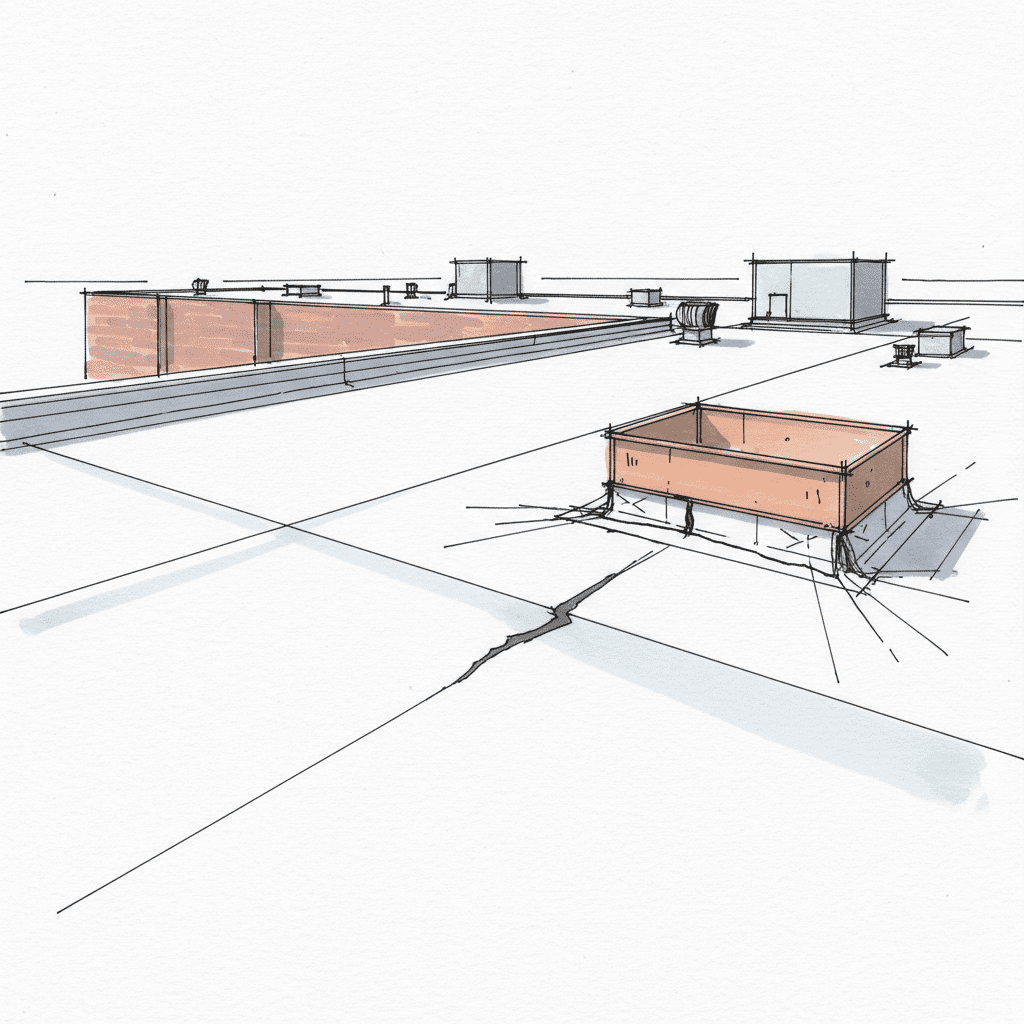 TPO roof with tear (material defect) and lifting flashing around HVAC unit curb (workmanship defect).