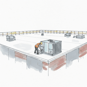 Worker in PPE inspecting HVAC on TPO roof with fall protection guardrail, demonstrating OSHA compliance.