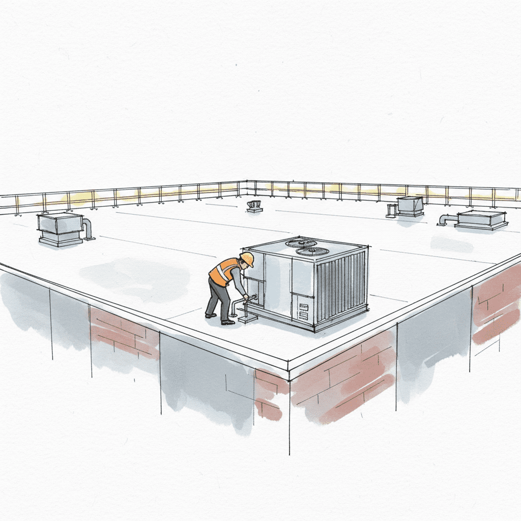 Worker in PPE inspecting HVAC on TPO roof with fall protection guardrail, demonstrating OSHA compliance.