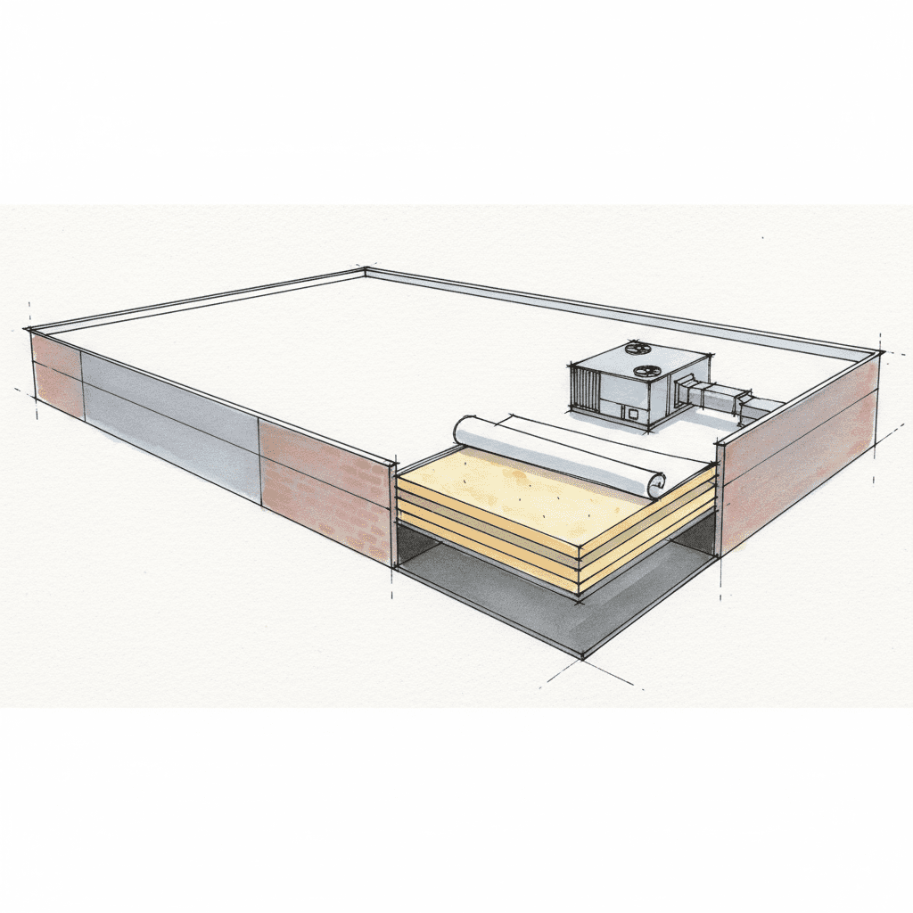 Commercial flat roof with TPO, HVAC, and exposed thick insulation highlighting R-value for energy codes.