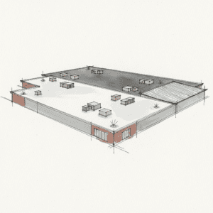 Panoramic view of a commercial rooftop showing TPO, EPDM, and metal roofing systems with HVAC units and drains.