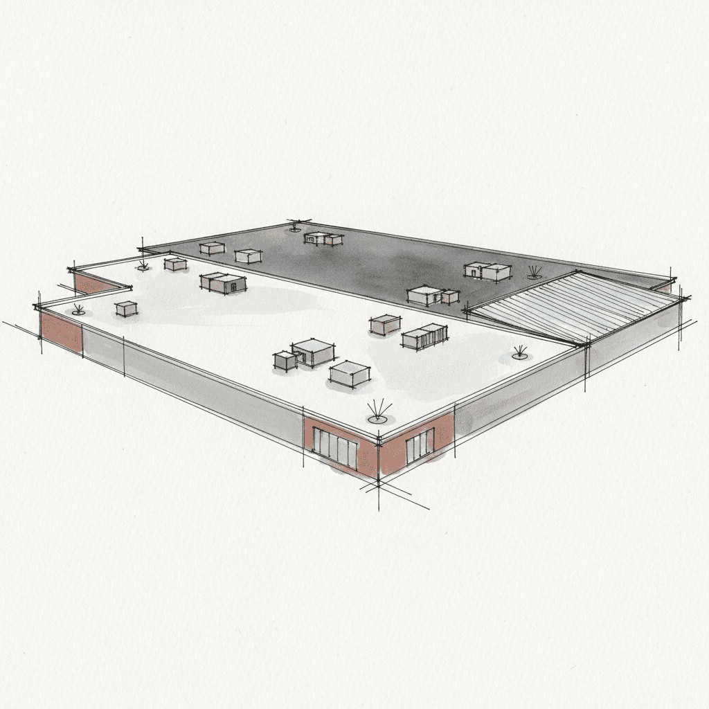 Panoramic view of a commercial rooftop showing TPO, EPDM, and metal roofing systems with HVAC units and drains.