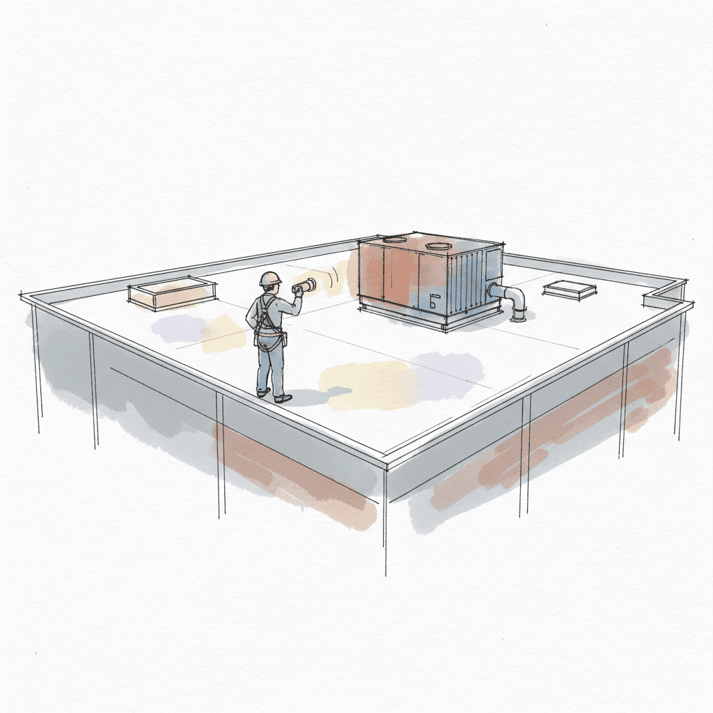 Roofing technician uses thermal imaging camera on TPO commercial roof for leak detection and energy audit.