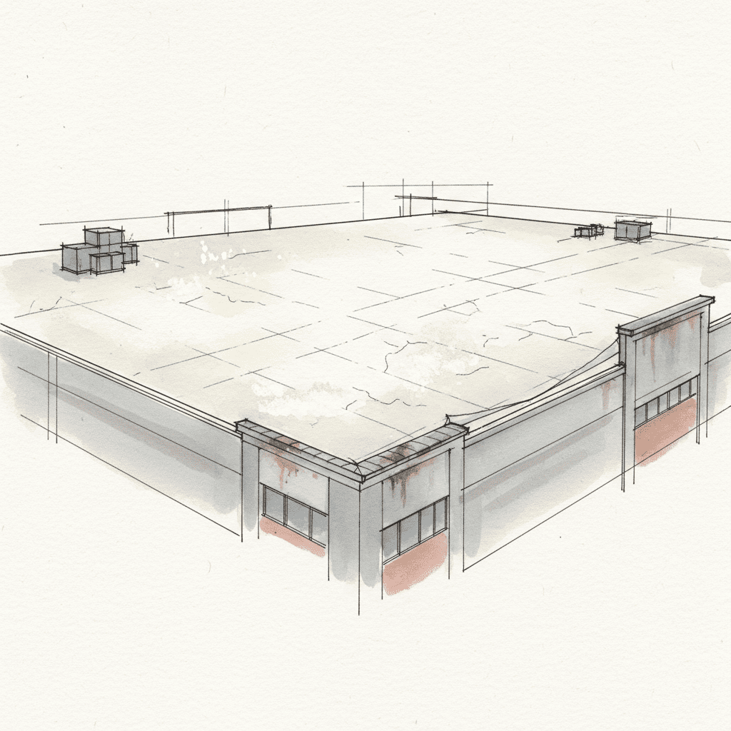 Low-slope commercial roofing membrane with UV degradation, showing discoloration, cracks, chalking, and a delaminated seam.