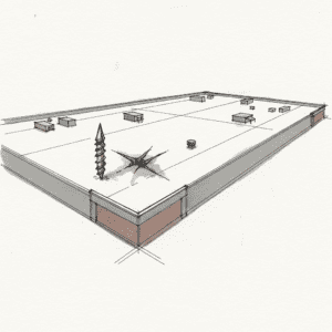Sharp screw next to a puncture in white TPO single-ply roof membrane, highlighting common damage.