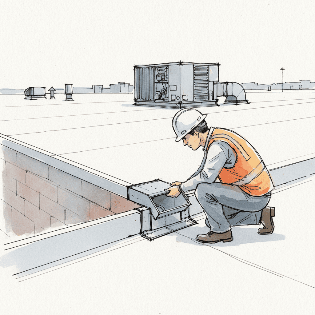 Roof inspector examines a metal scupper on a multi-family TPO roof for leak prevention.