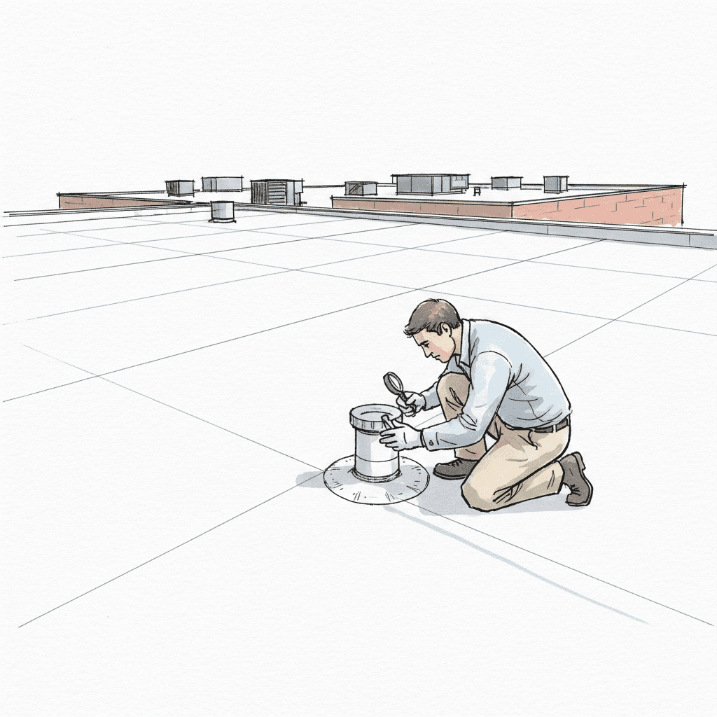 Roofing technician inspecting TPO pipe flashing on a commercial roof for proactive leak prevention.